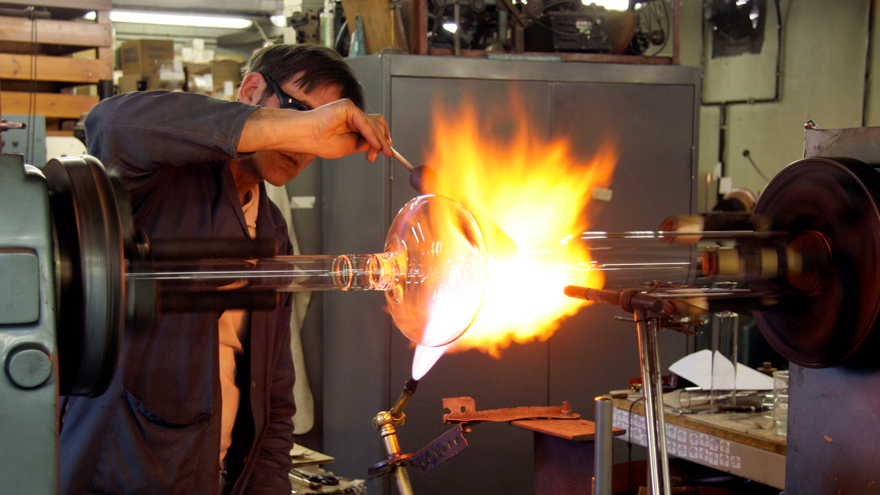 The 13° 60° 104° decanter is mouth-blown and formed by hand, without the use of moulds. Decanters are produced in runs of 20.
They are made on a lathe, by a lamp worker in borosilicate glass. This process is normally used to create scientific laboratory equipment.
Film by Leo Choi, 2013.